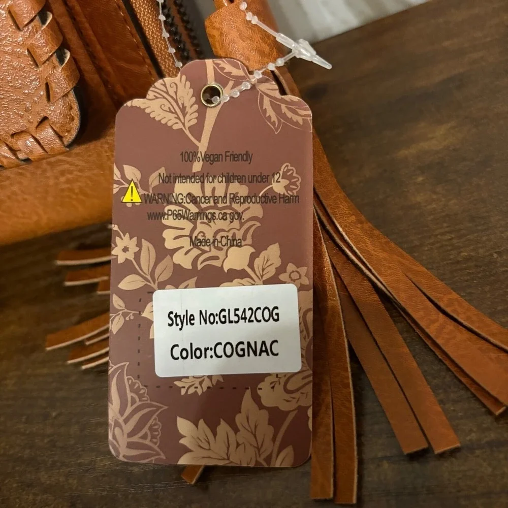 Sam & Hadley Cognac Brown‎ Vegan Leather Embroidered Beaded Crossbody Bag